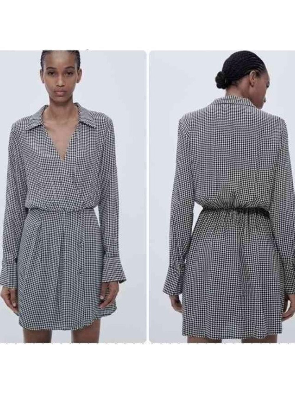 Zara black white houndstooth wrap mini shirt dress S long sleeve V-neck classy